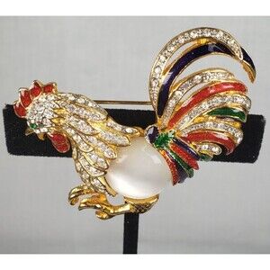 Vintage Moonstone Jelly Belly Body Enamel Crystal Rhinestone Rooster Brooch